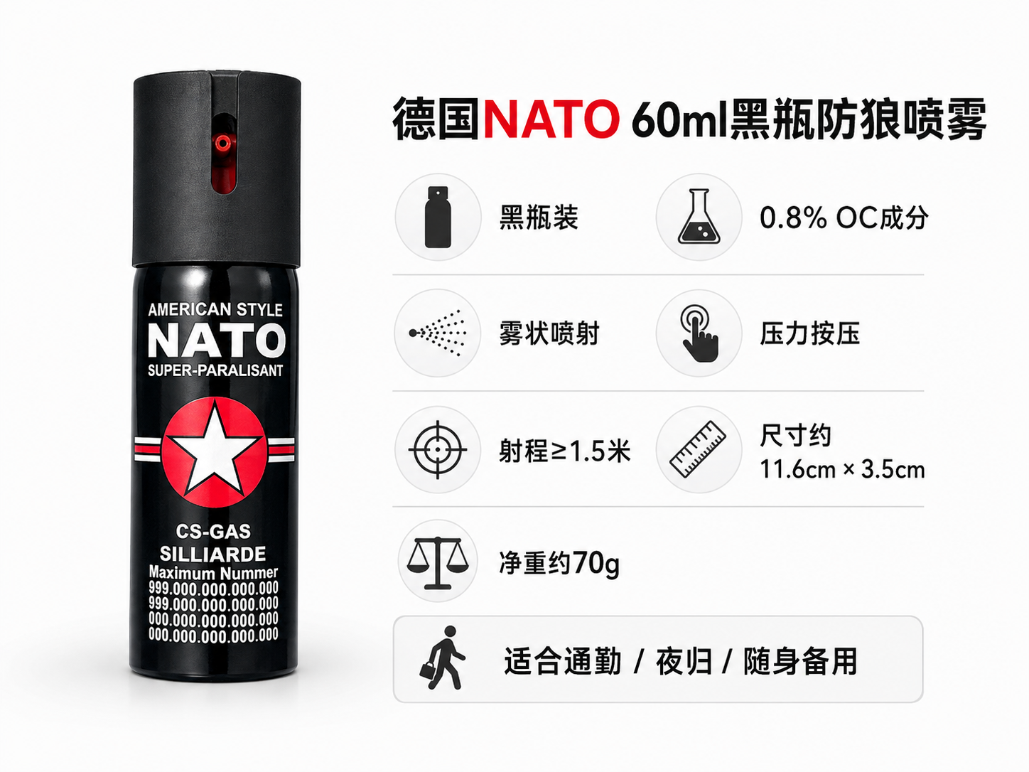 德国NATO 60ml黑瓶防狼喷雾 0.8%OC雾状便携防护喷雾(图1)