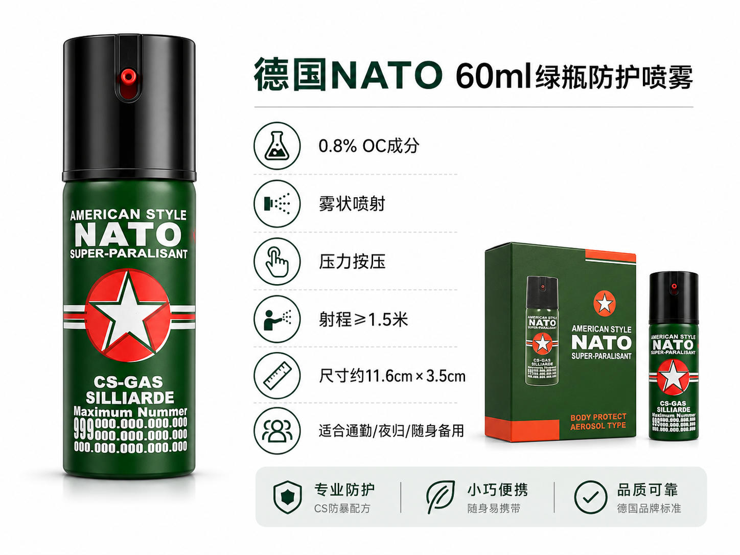 德国NATO 60ml绿瓶防护喷雾 0.8% OC雾状便携款(图1)