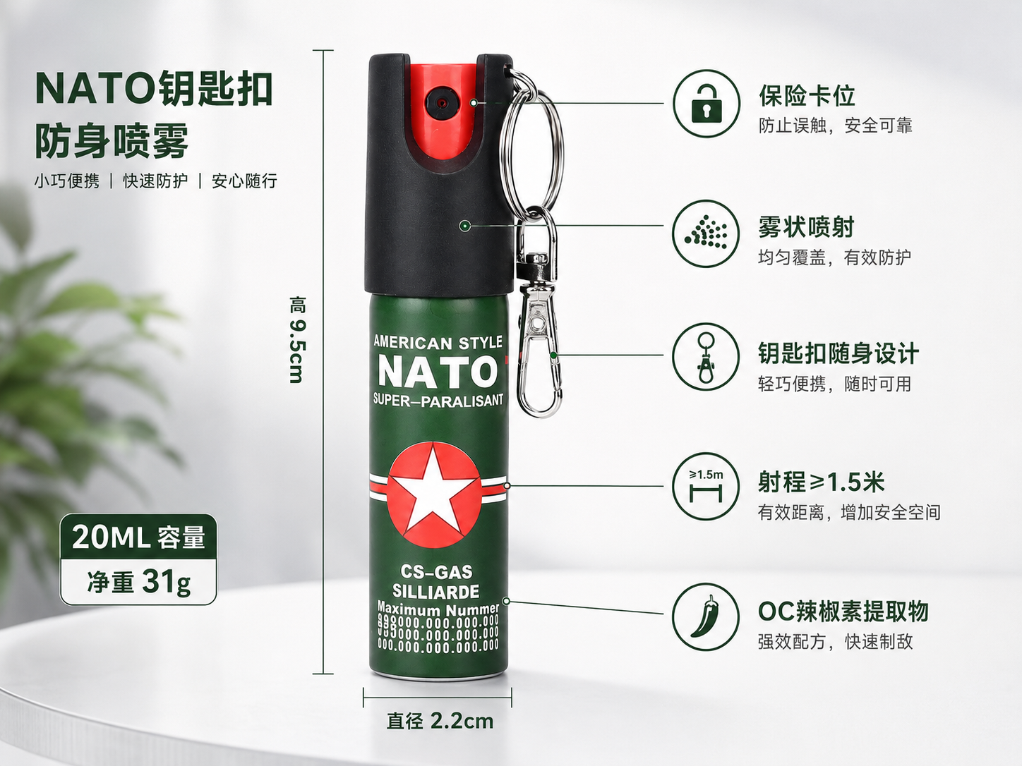 NATO军心钥匙扣辣椒喷雾 20ML便携防狼喷雾剂(图5)